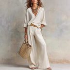 Women's Linen Two Piece Set V-Neck Top Wide Leg Pants | Elena