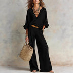 Women's Linen Two Piece Set V-Neck Top Wide Leg Pants | Elena