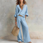 Women's Linen Two Piece Set V-Neck Top Wide Leg Pants | Elena
