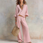 Women's Linen Two Piece Set V-Neck Top Wide Leg Pants | Elena