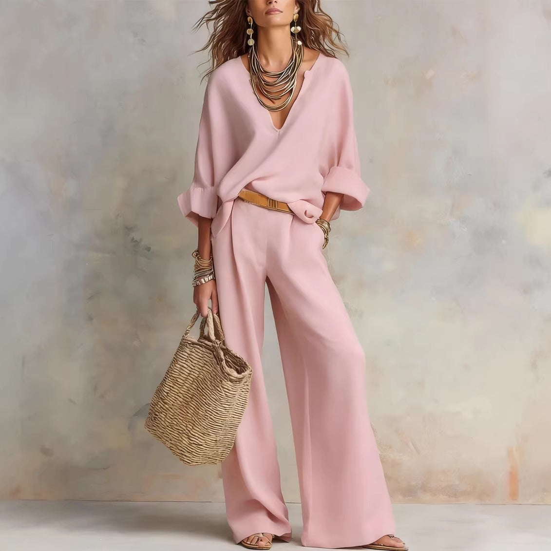 Women's Linen Two Piece Set V-Neck Top Wide Leg Pants | Elena