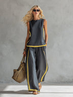 Women's Linen Two-Piece Set with Contrast Trim & Wide Leg Pants | Olivia