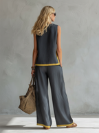 Women's Linen Two-Piece Set with Contrast Trim & Wide Leg Pants | Olivia