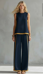 Women's Linen Two-Piece Set with Contrast Trim & Wide Leg Pants | Olivia