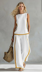 Women's Linen Two-Piece Set with Contrast Trim & Wide Leg Pants | Olivia