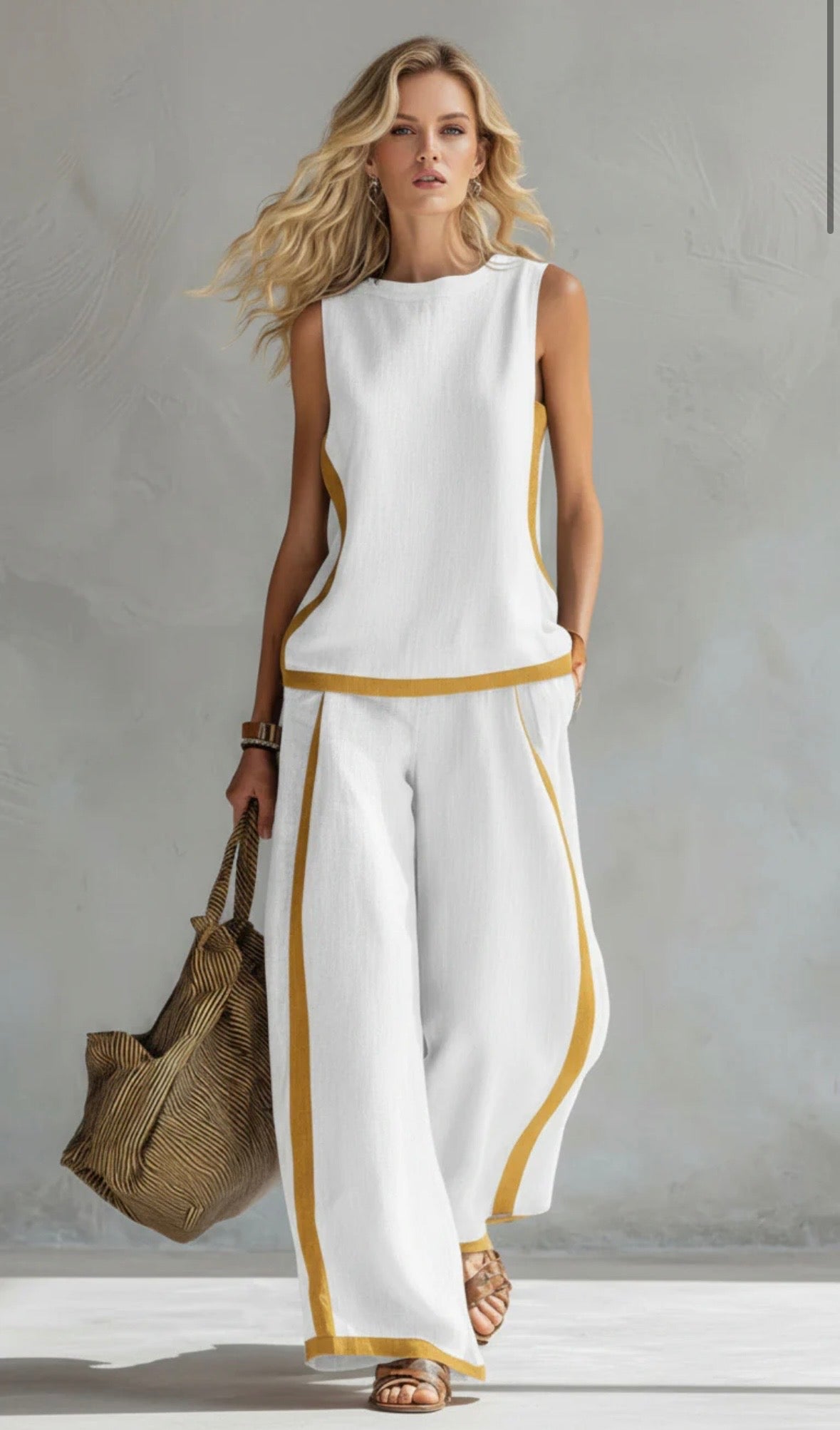 Women's Linen Two-Piece Set with Contrast Trim & Wide Leg Pants | Olivia