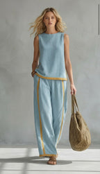 Women's Linen Two-Piece Set with Contrast Trim & Wide Leg Pants | Olivia