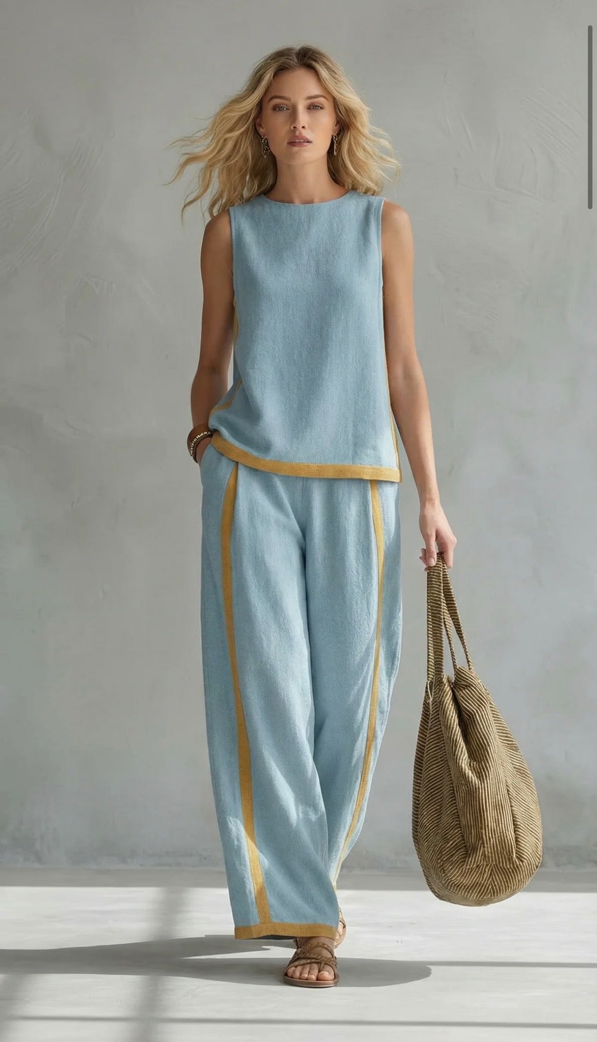 Women's Linen Two-Piece Set with Contrast Trim & Wide Leg Pants | Olivia