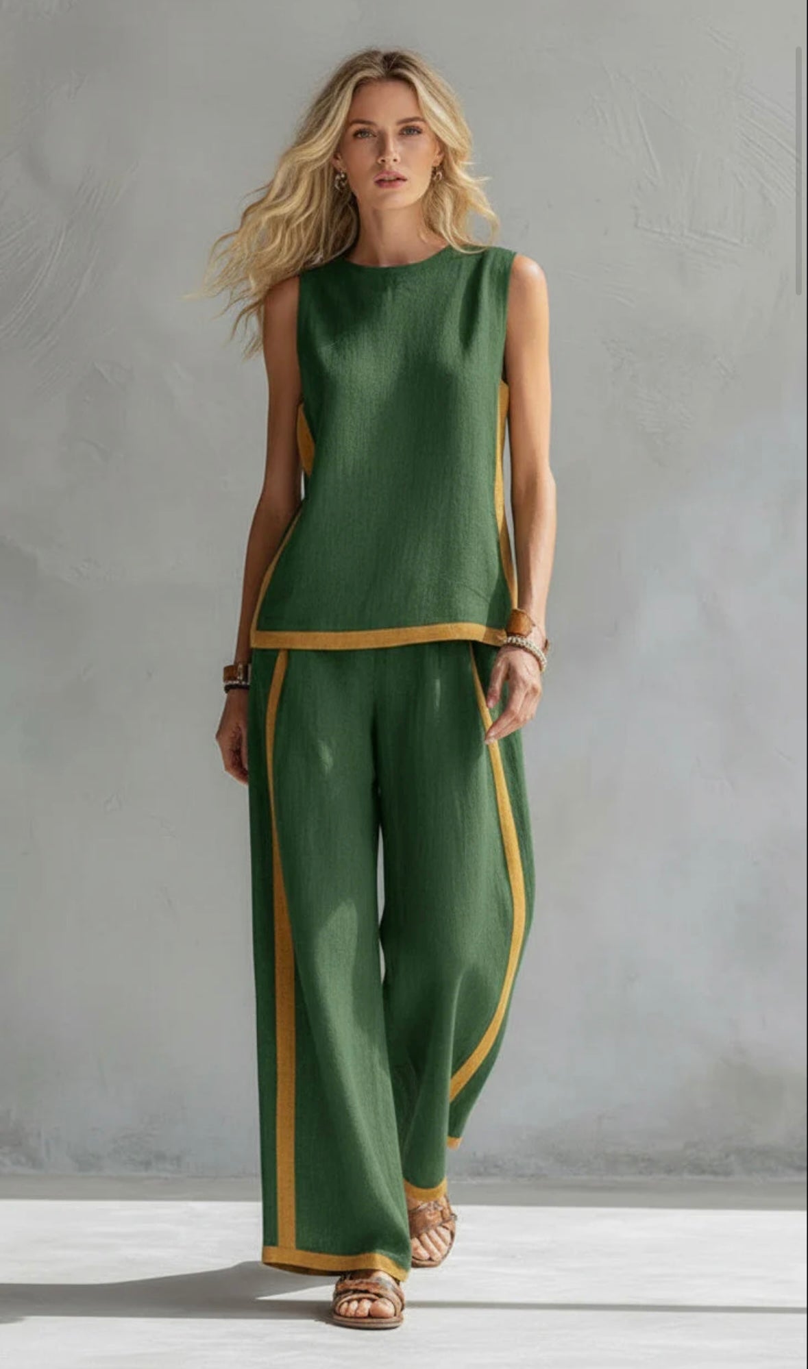 Women's Linen Two-Piece Set with Contrast Trim & Wide Leg Pants | Olivia