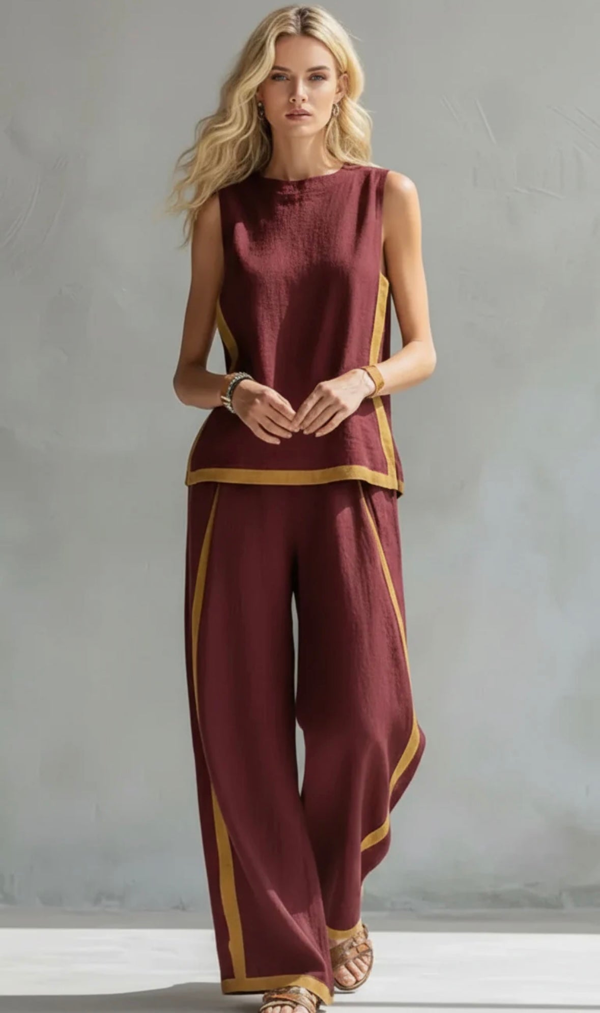 Women's Linen Two-Piece Set with Contrast Trim & Wide Leg Pants | Olivia