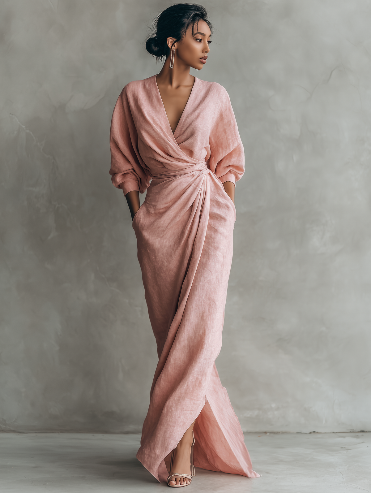 Women's Linen Wrap Maxi Dress with Draped V-Neckline | Ursula
