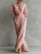 Women's Linen Wrap Maxi Dress with Draped V-Neckline | Ursula