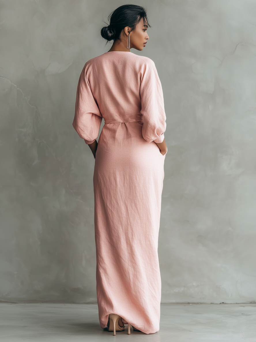 Women's Linen Wrap Maxi Dress with Draped V-Neckline | Ursula