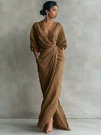 Women's Linen Wrap Maxi Dress with Draped V-Neckline | Ursula