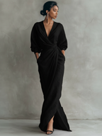 Women's Linen Wrap Maxi Dress with Draped V-Neckline | Ursula