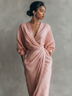 Women's Linen Wrap Maxi Dress with Draped V-Neckline | Ursula