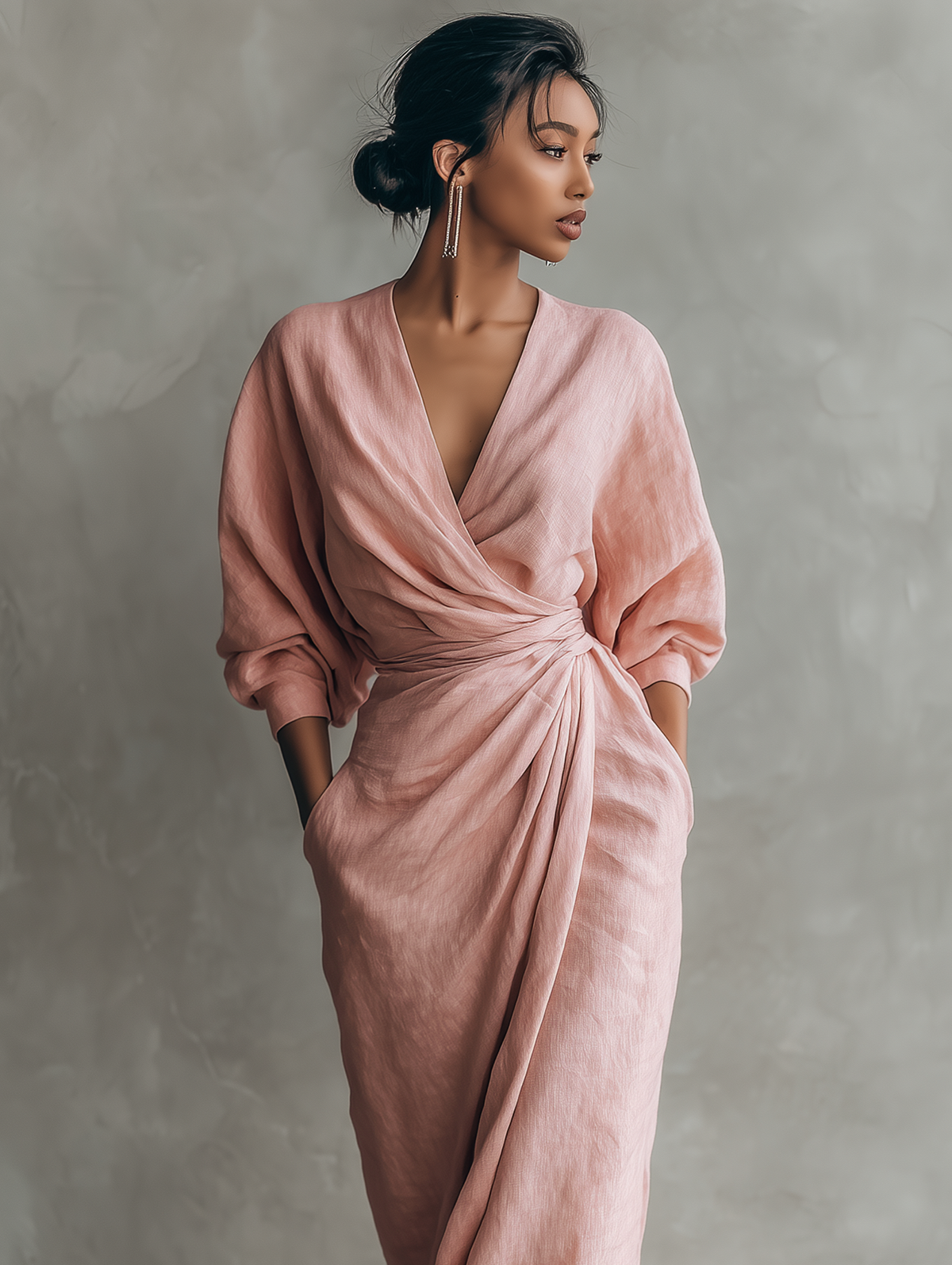 Women's Linen Wrap Maxi Dress with Draped V-Neckline | Ursula