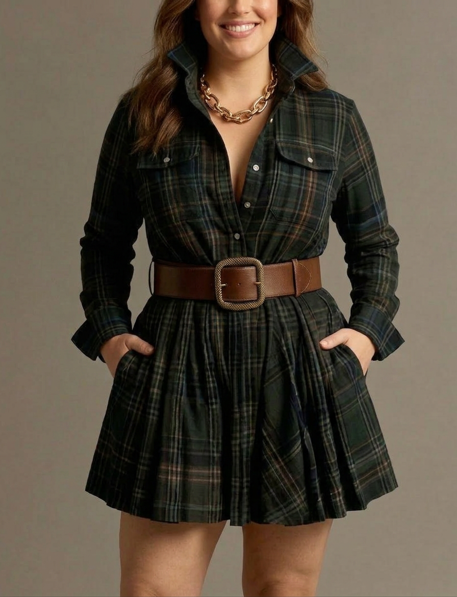 Women's Long Sleeve Plaid Mini Shirt Dress | Charlotte