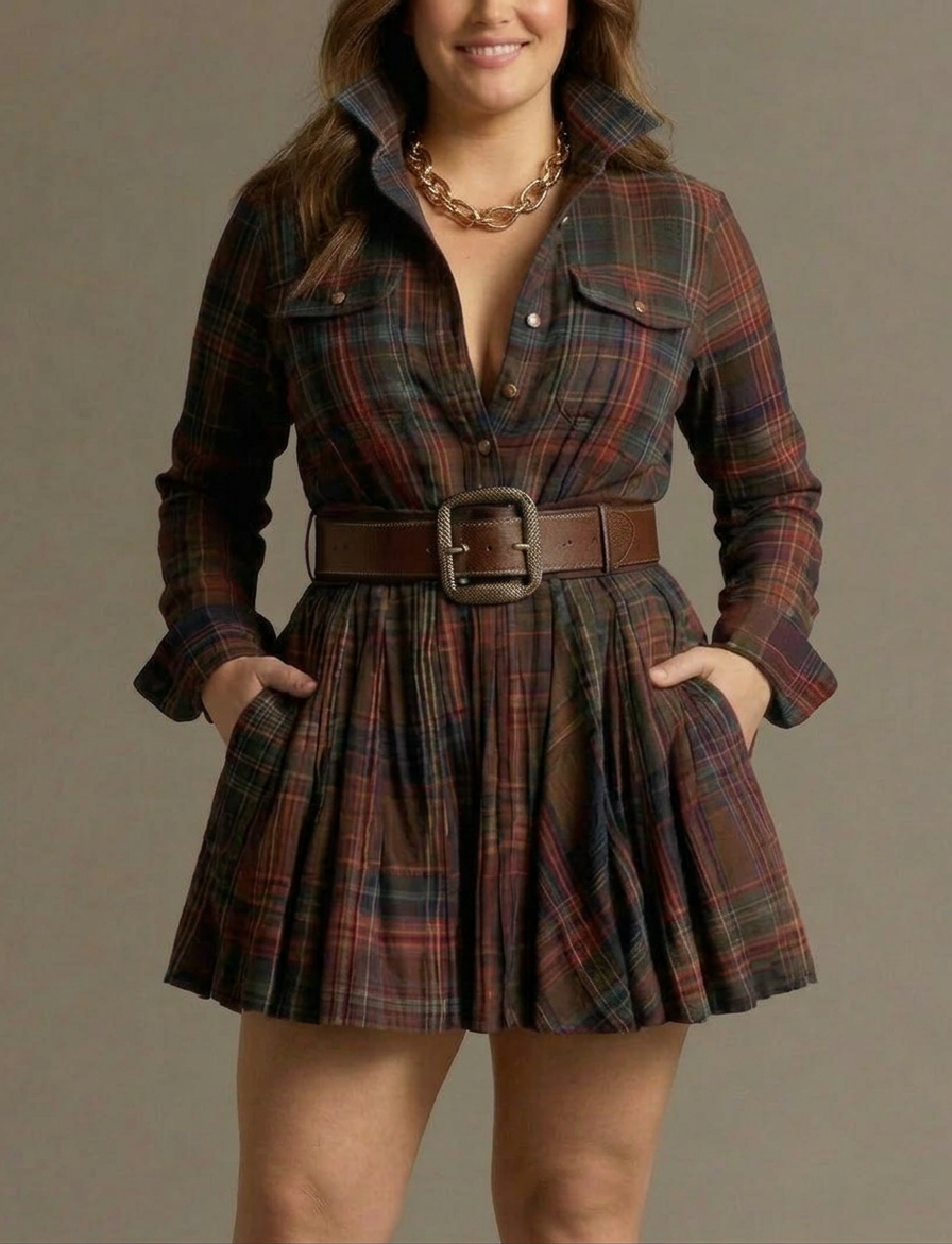 Women's Long Sleeve Plaid Mini Shirt Dress | Charlotte