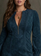 Women's Long Sleeve Suede Mini Dress with Lace Trim | Josie