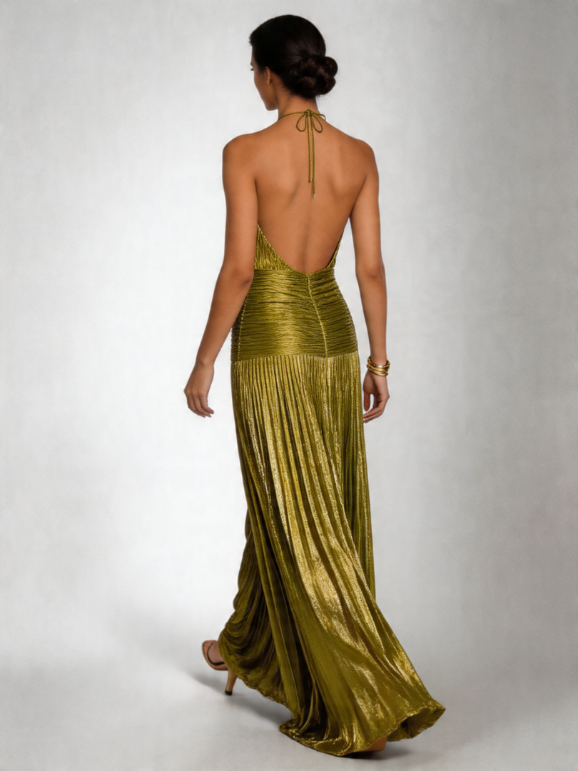 Women's Metallic Pleated Halter Maxi Dress with High Slit | Xenia