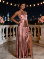 Women's Metallic Pleated Halter Maxi Dress with High Slit | Xenia