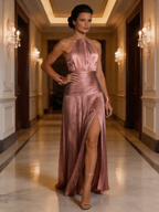 Women's Metallic Pleated Halter Maxi Dress with High Slit | Xenia