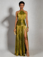 Women's Metallic Pleated Halter Maxi Dress with High Slit | Xenia