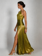 Women's Metallic Pleated Halter Maxi Dress with High Slit | Xenia