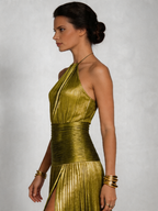 Women's Metallic Pleated Halter Maxi Dress with High Slit | Xenia