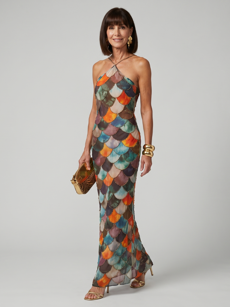 Women's Multicolor Scale Print Halter Maxi Dress | Nicole