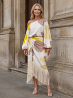 Women's Off-Shoulder Abstract Print Fringe Hem Midi Dress | Scarlett