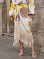 Women's Off-Shoulder Abstract Print Fringe Hem Midi Dress | Scarlett