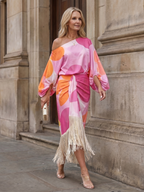Women's Off-Shoulder Abstract Print Fringe Hem Midi Dress | Scarlett