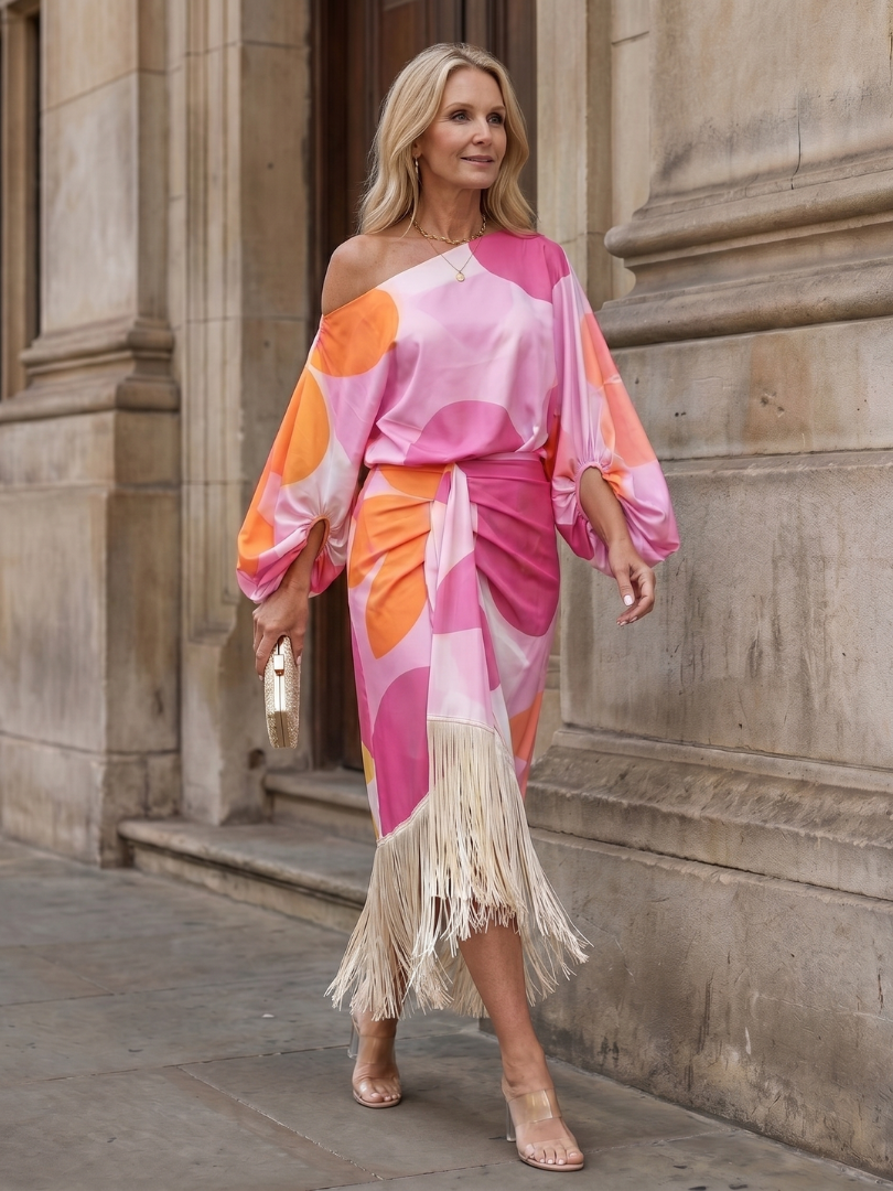 Women's Off-Shoulder Abstract Print Fringe Hem Midi Dress | Scarlett