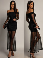 Women's Off-Shoulder Bodycon Maxi Dress with Sheer Mesh Sleeves | Jasmine