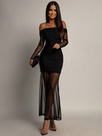 Women's Off-Shoulder Bodycon Maxi Dress with Sheer Mesh Sleeves | Jasmine