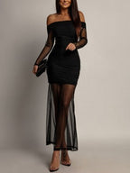 Women's Off-Shoulder Bodycon Maxi Dress with Sheer Mesh Sleeves | Jasmine