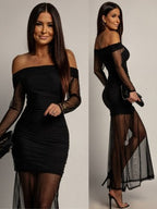 Women's Off-Shoulder Bodycon Maxi Dress with Sheer Mesh Sleeves | Jasmine