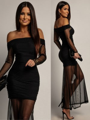 Women's Off-Shoulder Bodycon Maxi Dress with Sheer Mesh Sleeves | Jasmine