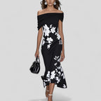 Women's Off-Shoulder Floral Midi Dress with Flared Hem | Zoe
