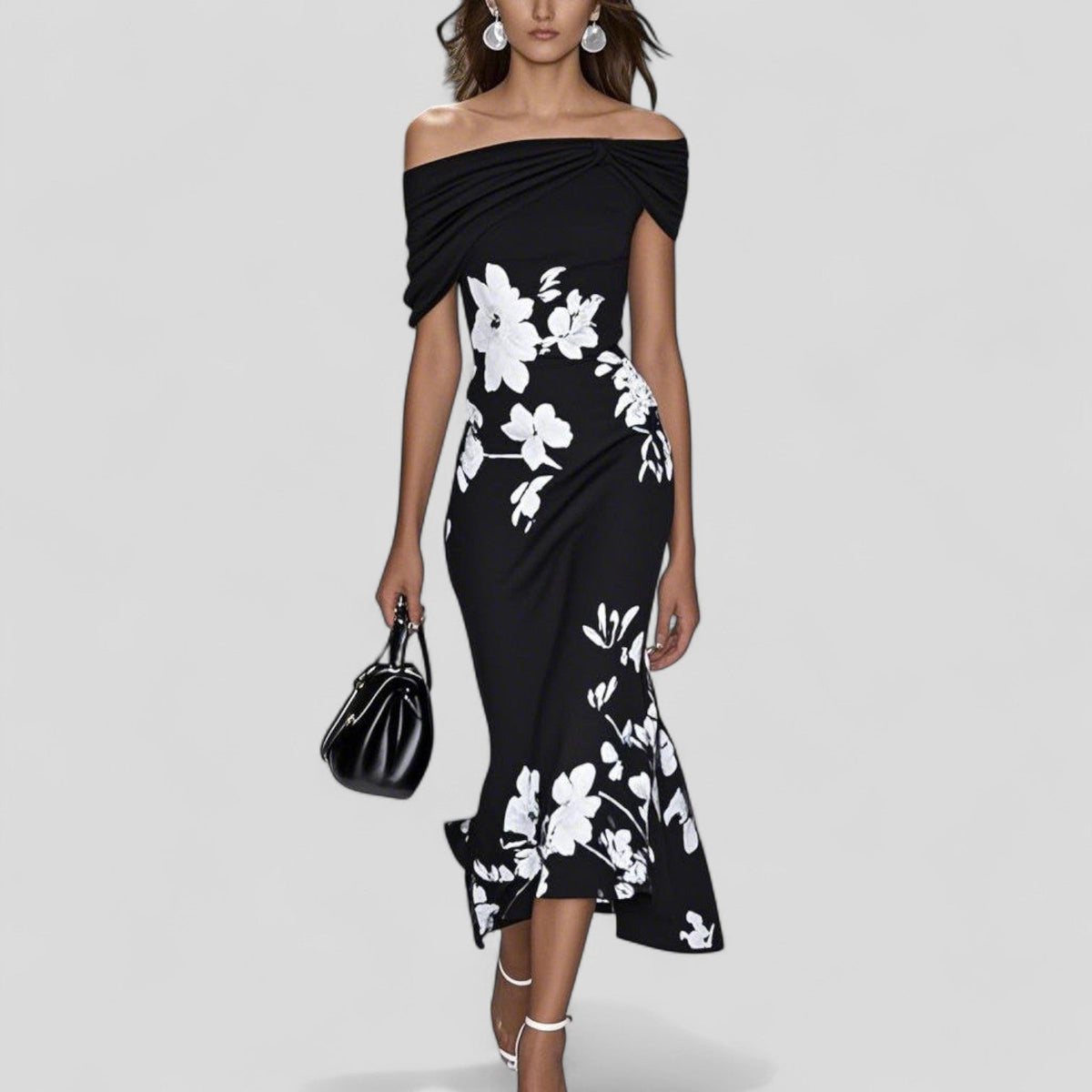 Women's Off-Shoulder Floral Midi Dress with Flared Hem | Zoe