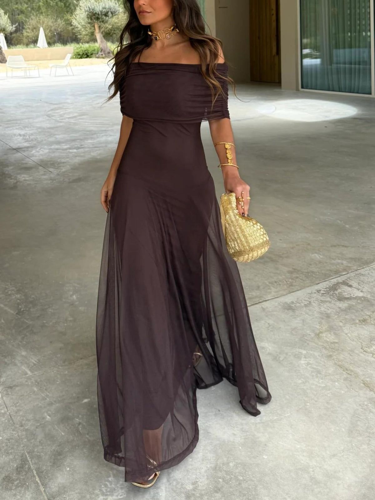Women's Off-Shoulder Ruched Mesh Maxi Dress | Brianna