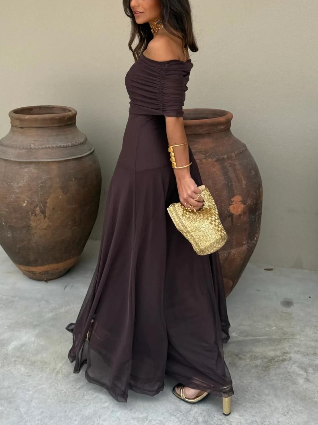 Women's Off-Shoulder Ruched Mesh Maxi Dress | Brianna