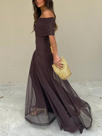 Women's Off-Shoulder Ruched Mesh Maxi Dress | Brianna