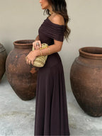 Women's Off-Shoulder Ruched Mesh Maxi Dress | Brianna