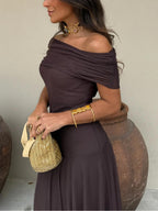 Women's Off-Shoulder Ruched Mesh Maxi Dress | Brianna
