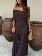 Women's Off-Shoulder Ruched Mesh Maxi Dress | Brianna