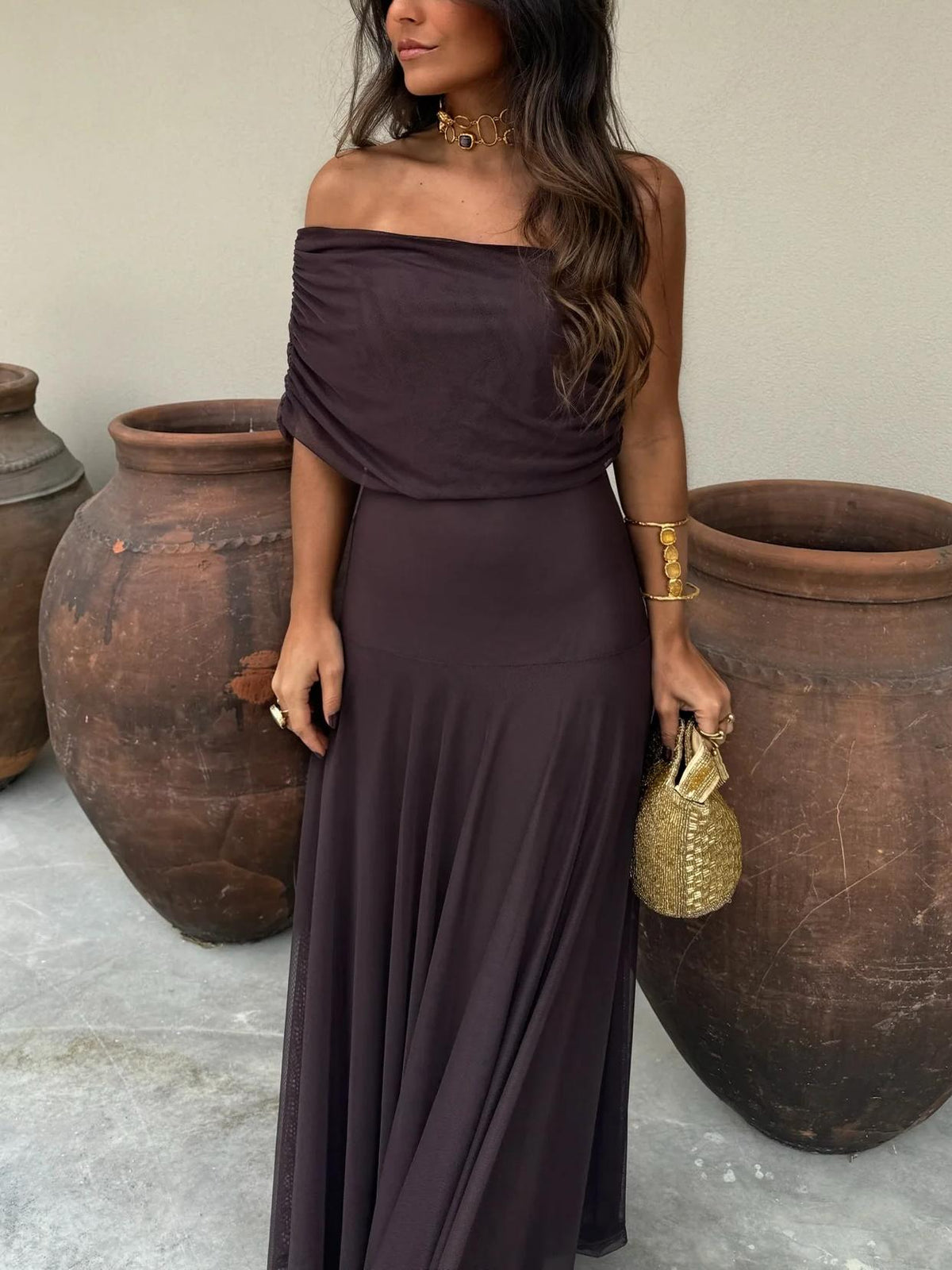 Women's Off-Shoulder Ruched Mesh Maxi Dress | Brianna