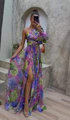 Women's One-Shoulder Floral Maxi Dress with Puff Sleeve & Slit | Vera